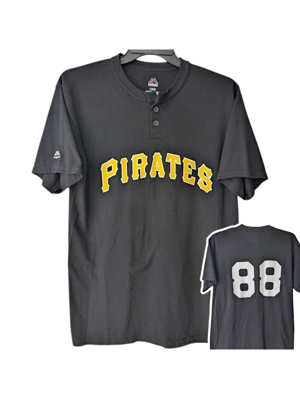 Majestic Pittsburgh Pirates Henley Jersey T-shirt Large Black Baseball MLB vtg